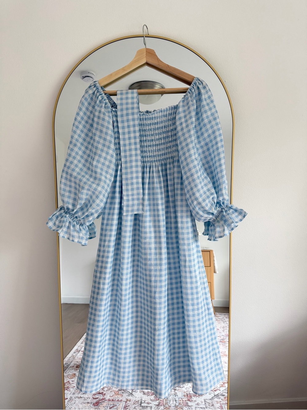 Sleeper Light Blue Gingham Off-Shoulder Smocked Midi Dress with Hair Tie